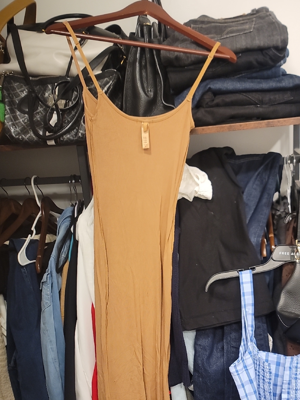 Skims Ribbed Tank Dress in Camel Tan Maxi